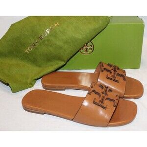 Tory Burch Double T Leather Sport Slides Bourbon Brown NIB SZ 5